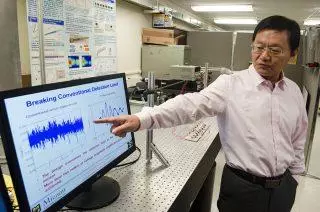 Guoliang Huang discusses a graphic representation of how his new platform helps elastic wave signals cut through the noise thanks to greater amplification.