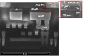 SEM cross-section of the RRAM cell monolithically integrated on the top of 130nm CMOS